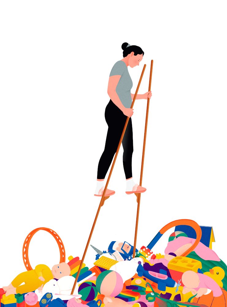 Illustration of mother wading through heap of toys on stilts.